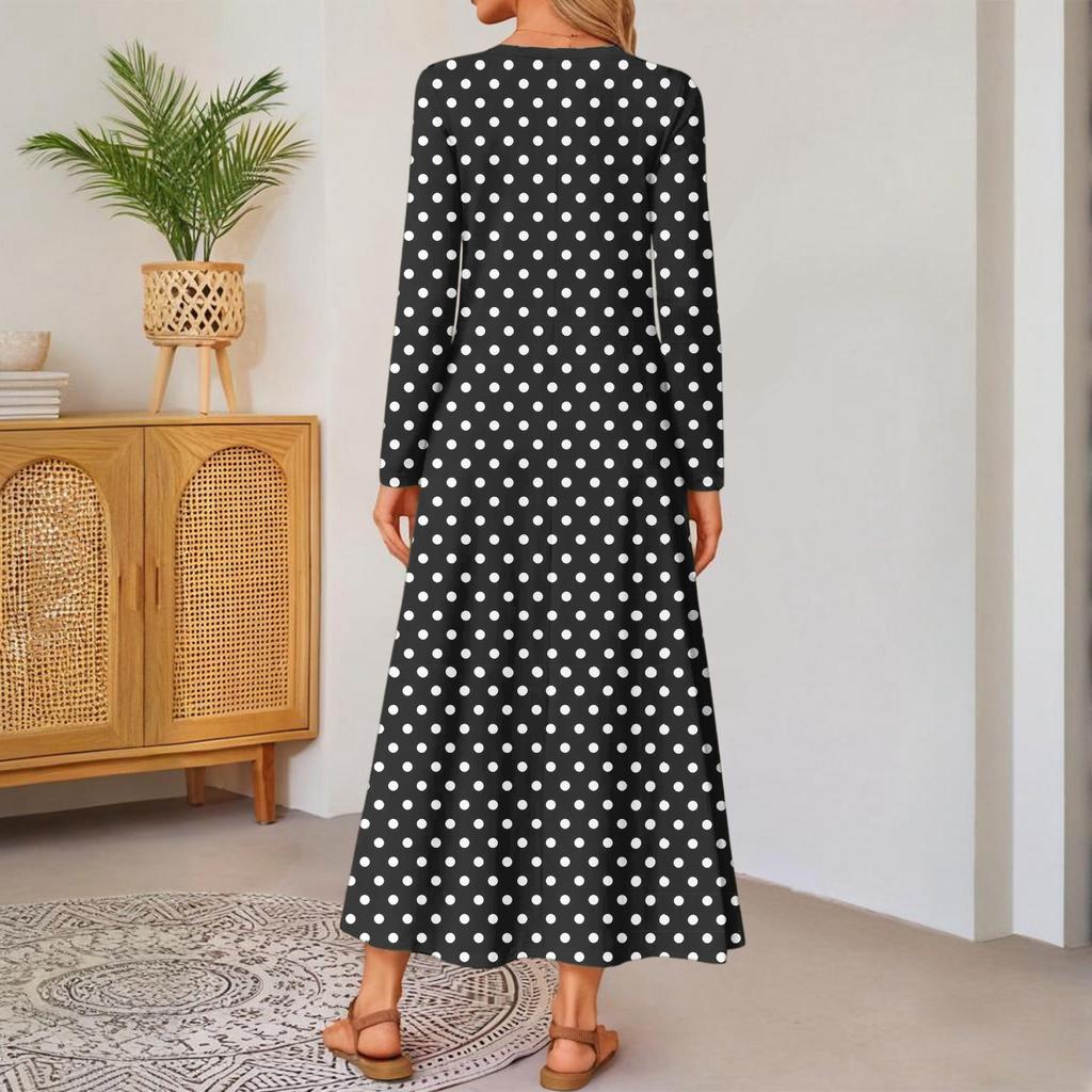 Women Polka Dot Printed Long-sleeved Comfortable Loose Dress, Elegant Dress