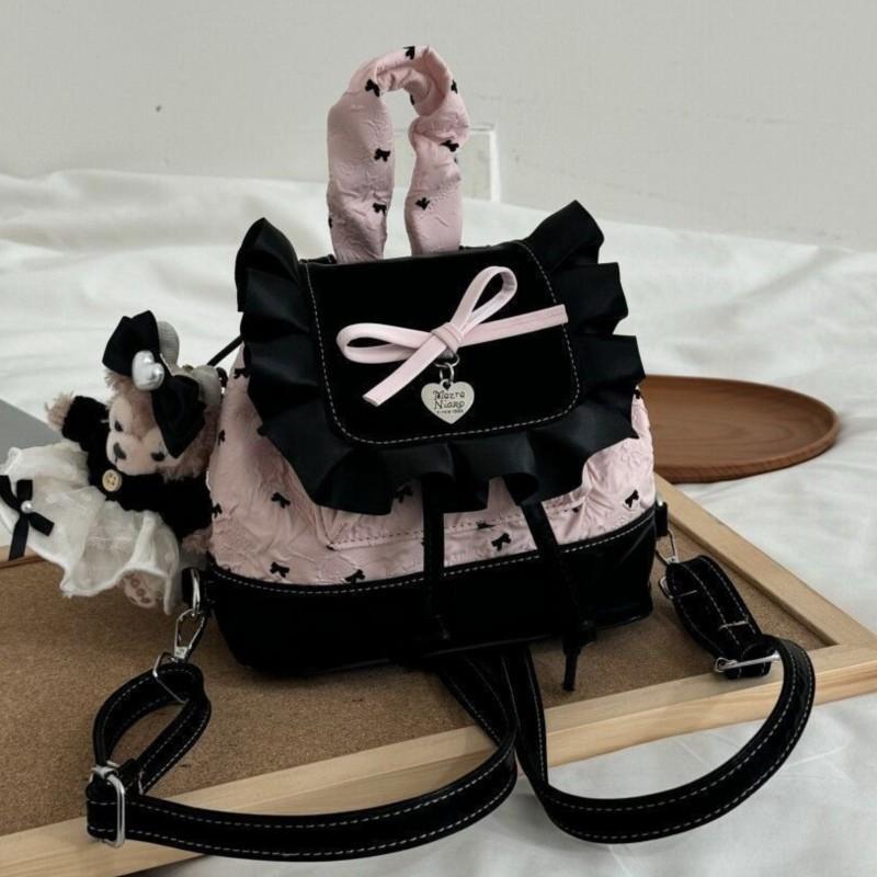 Lolita Black Pink Bow Ruffled Backpack Women Girls Compact Sweet Edgy Commuter Versatile Rucksack Ladies Elegant Mochilas Mujer