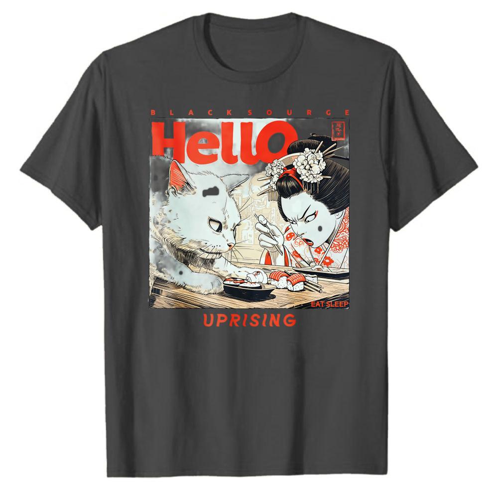 Japanese Ukiyoe Geisha and White Cat Eating Sushi Graphic Cotton T Shirt Hello Uprising Vintage for Unisex Women Daily Casual Tops