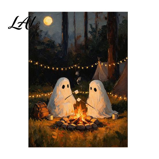 Spooky Home Wall Decoration Vintage Cute Ghost Canvas Art 2 Ghosts Campfire Autumn Seasonal Art Hanging Poster Gothic Halloween for Bedroom