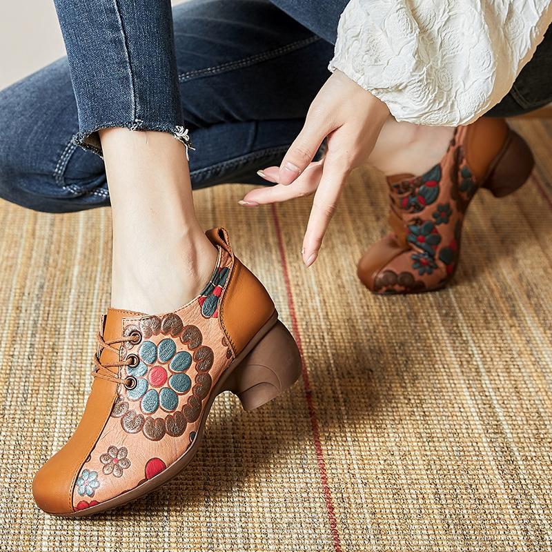 Осенние туфли-лодочки, женская обувь, лаконичная женская обувь на высоком каблуке из натуральной кожи с принтом в китайском стиле на шнуровке