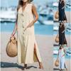 Women's Dress Cotton Linen Sleeveless Solid Color Single Breasted Loose V-neck Long Casual Dresses