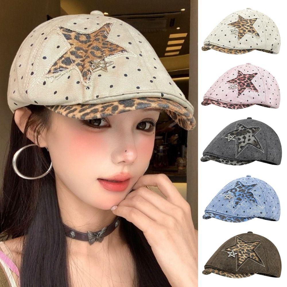 Leopard Denim Beret Hat Star Rivet Forward Hat Vintage Newsboy Cap Harajuku Style