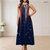 Women Plus Size Round Neck Triple Keyhole Cutout Sleeveless Printed Red Blue Beige Long Dress