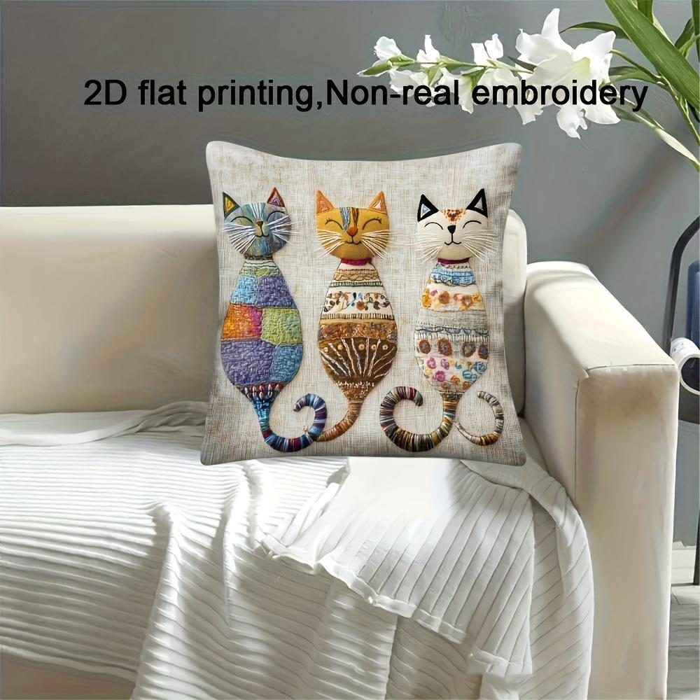 Colorful Three Cats Pillow Cover Boho Print Cushion Case Whimsical Cat Trio Cat Lover Sofa Living Room Gift