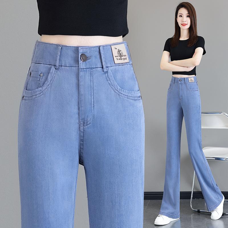 Женские джинсы клеш с высокой талией, узкие джинсы bootcut, эластичный пояс, тонкий деним Tencel, элегантные летние брюки для офиса