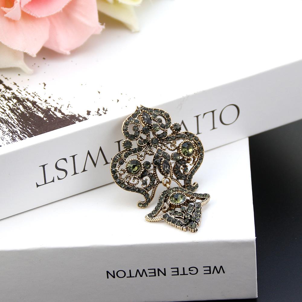 Винтажная брошь, богемная женская брошь, брошь цвета античного золота, свадебные украшения, серая булавка с хрустальным цветком