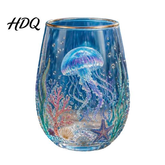 Unique Painted Tea Cup Sea Turtle Glass Tumbler Ocean Theme Drinking Mug Borosilicate Stemless Coffee Mug for Juice Beach Gift Nature Lovers Juice