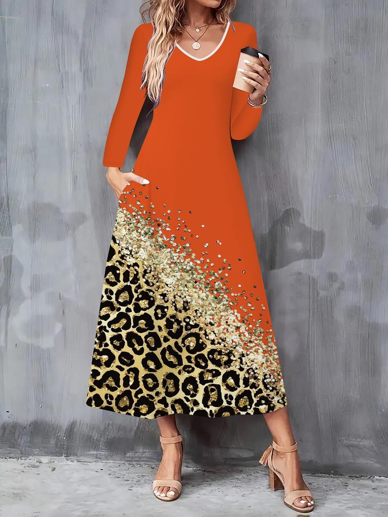 2025 Осень и Зима Новое Женское Повседневное Модное Платье Осень 3D Леопардовый Принт Длинный Рукав V-образный Вырез А-силуэт Платья