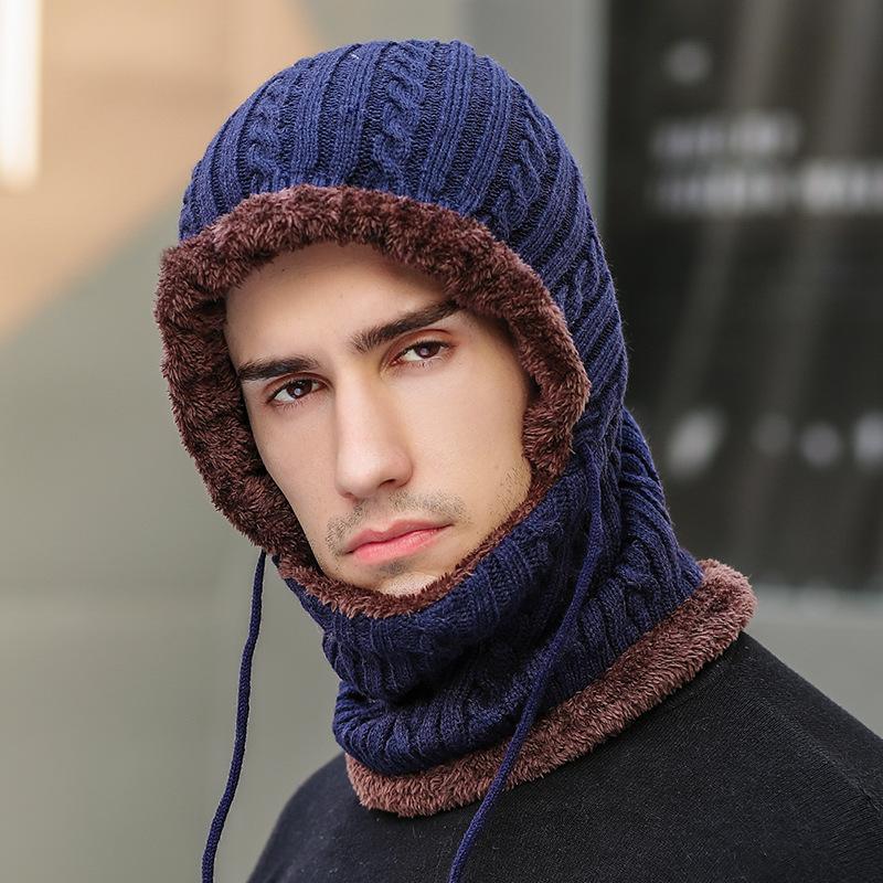 Trendy Winter Knit Hat Unisex Warm Fleece-lined Neck Cover Windproof Ear Protection One-piece Mouthpiece Cap