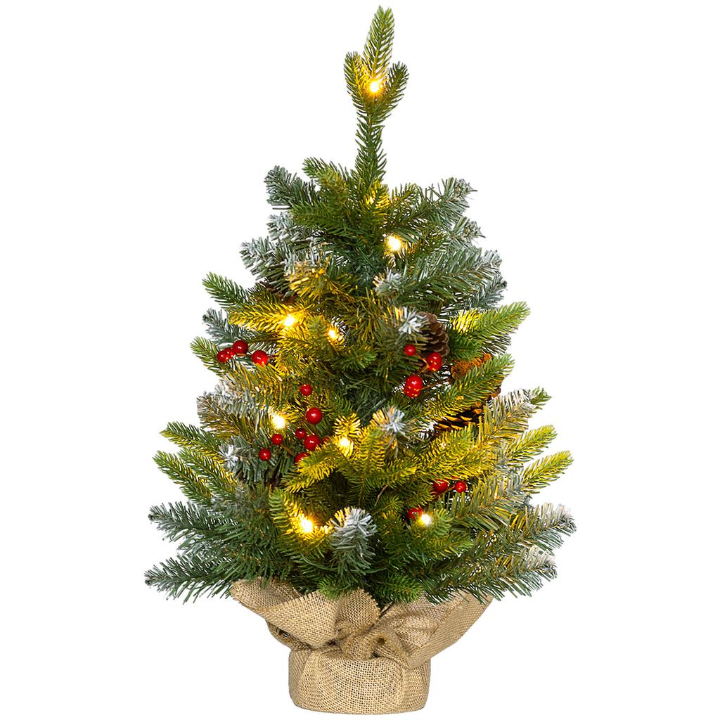 60cm Christmas tree, tabletop Christmas tree with LED light, 141 tips, pine cones and red berries, concrete base