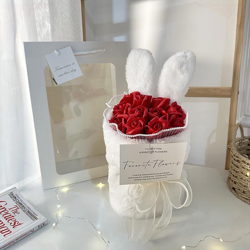 OJW Plush Rabbit Ear Soap Flower Rose Bouquet
