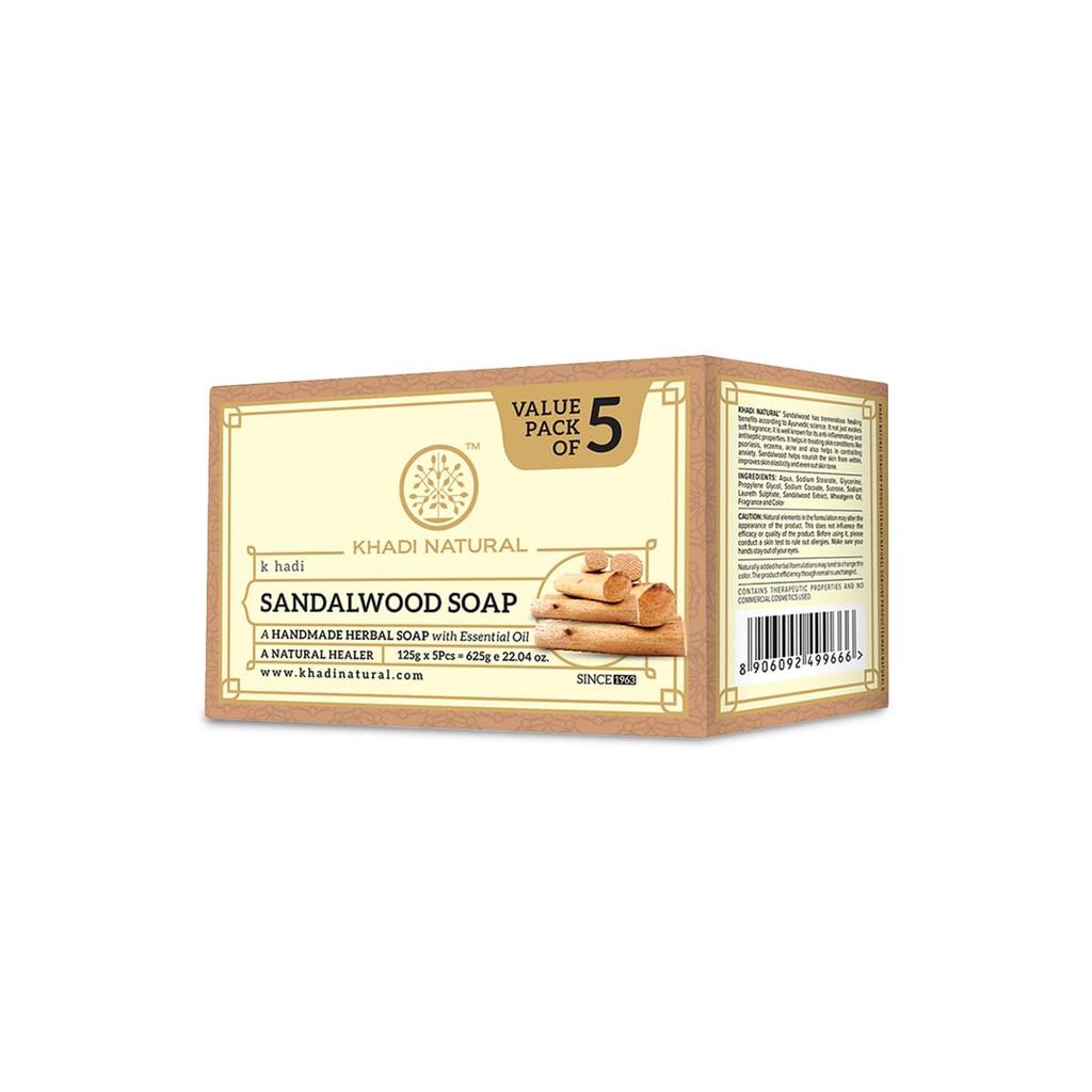Khadi Natural Sandalwood Soap Pack of 1 | Handmade Herbal Bathing Soap for Hydrated Soft Skin, All Skin Types, 125gX 5pcs
