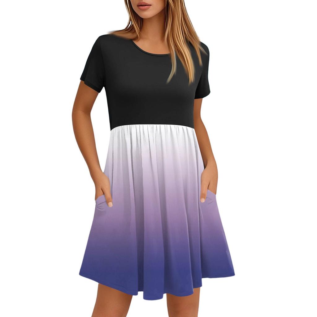 Женские модные повседневные свободные платья с круглым вырезом и коротким рукавом с принтом и карманами