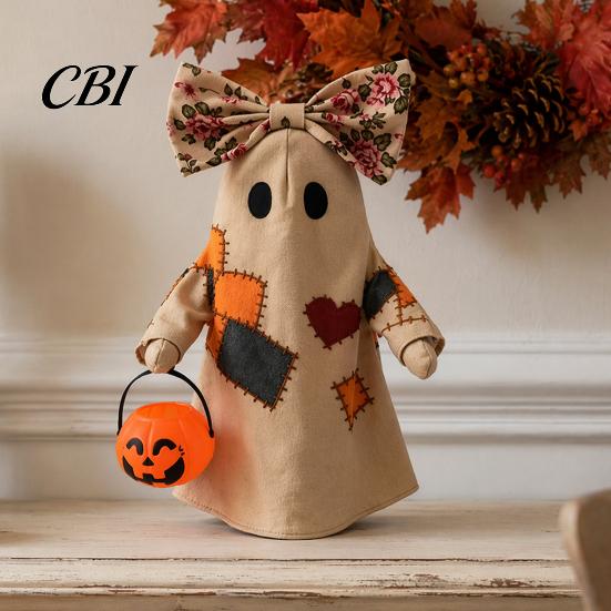 Autumn Home Decoration Light Lighted Vintage Patchwork Ghost, Halloween Up Quilted Ghost Doll with Pumpkin Soft Decor Lantern, Rustic Farmhouse