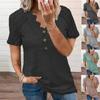 Summer Women's V-neck Button Hollow Lace Short Sleeve T-shirt