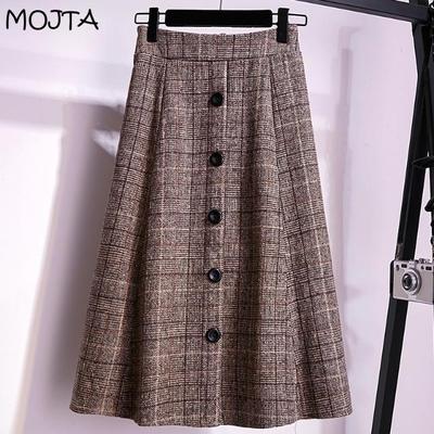 Осенне-зимняя женская юбка трапециевидной формы с высокой талией, винтажная клетчатая шерстяная клетчатая юбка средней длины