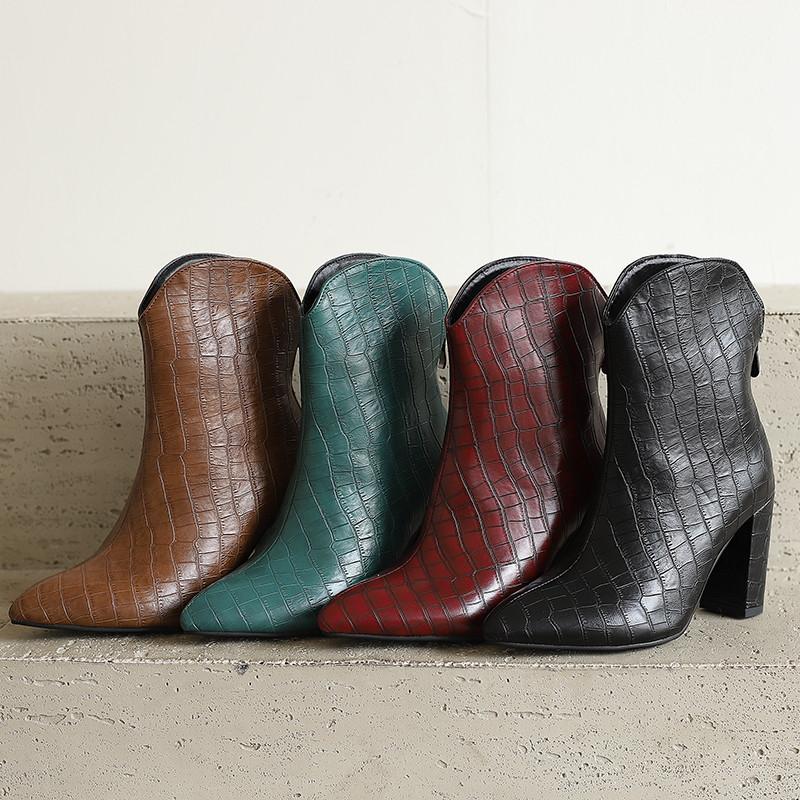 Women's High-heeled Short Boots Autumn and Winter New Solid Color Crocodile Pattern Thick Heel Large Size Pointed Short Boots