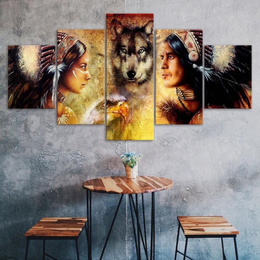 Native Indians And Wolf 5 Piece Five Panel Wall Canvas Print Modern Art Poster Picture Home Decor Gift For Him For Her