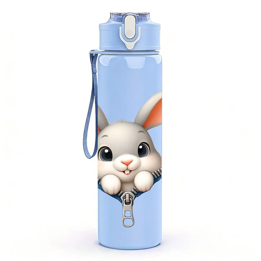 1PC Cute Rabbit Zipper Surprise Cartoon Portrait 750ml Color Plastic Sports Water Bottle Leakproof Flip Straw Lid Suitable for Sports Office Home Use