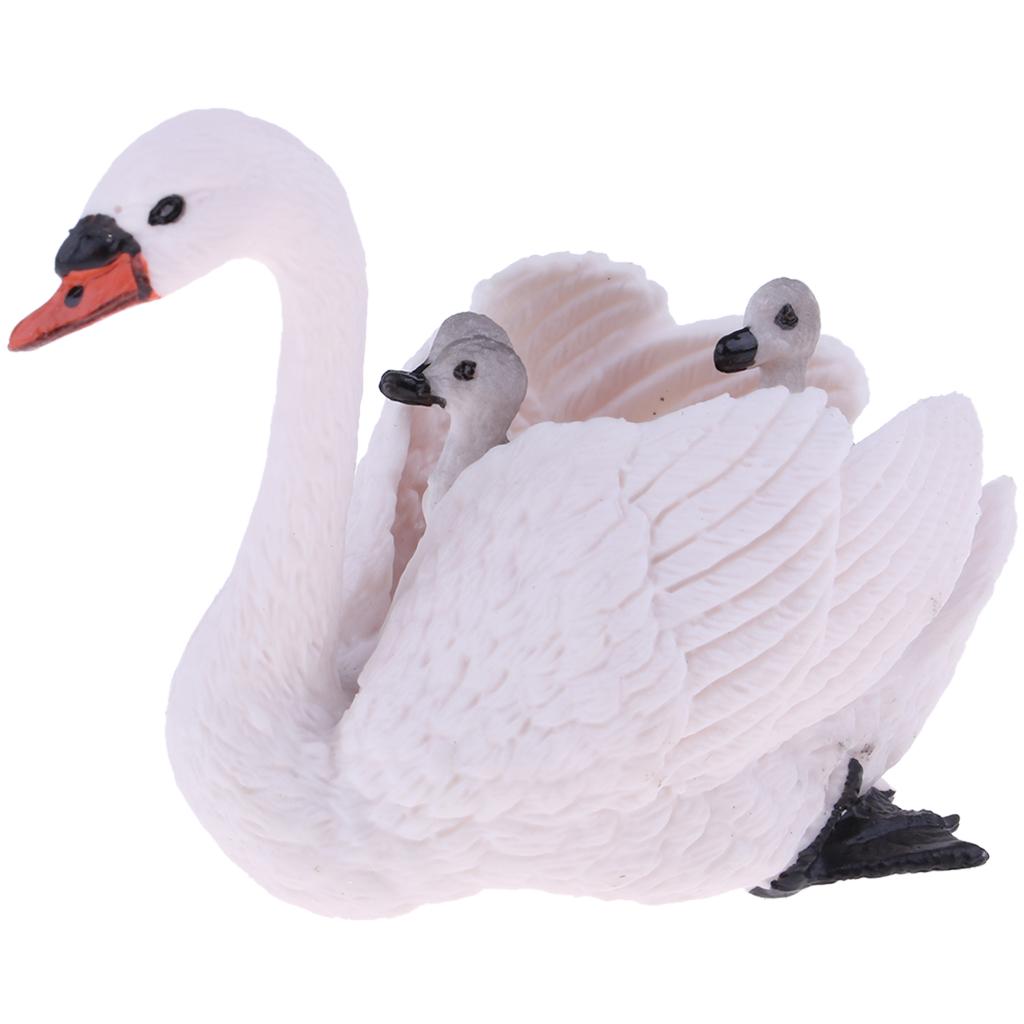White Swan Figure with Babies On Back Animal Model Set Toy Home Ornaments