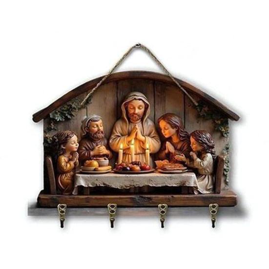 Деревянная христианская ключница 2D плоская Иисус Причастие Арт брелок-подставка с 4 крючками Религиозная настенная ключница для прихожей Домашний декор