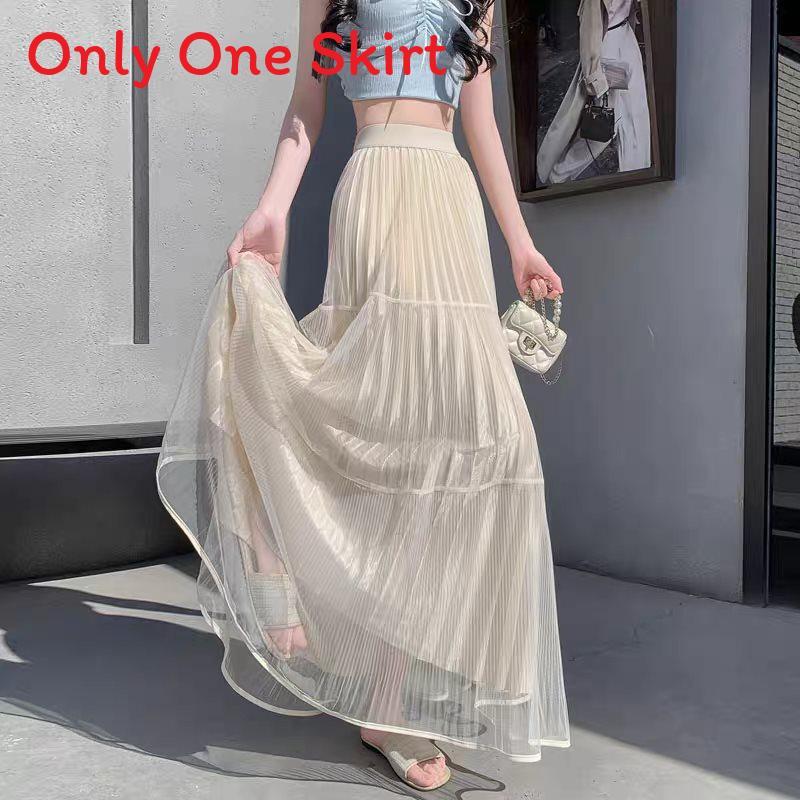 Cotton Blend Mesh Maxi Skirt With Pleats For Summer Casual Women