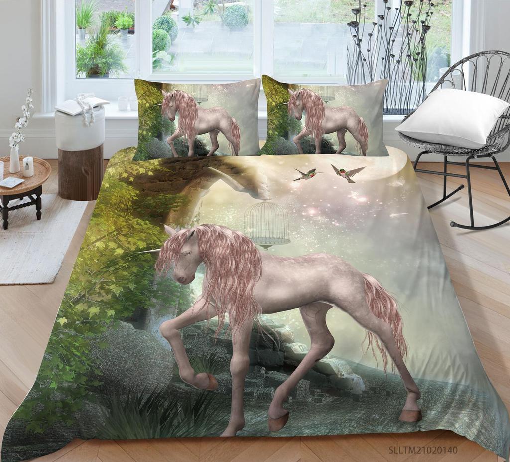 Unicorn Bedding Single Double Bed Full-size Cartoon Unicorn Printed Pillowcase and Quilt Cover 2 or 3 Home Decoration for Girls and Children's Room