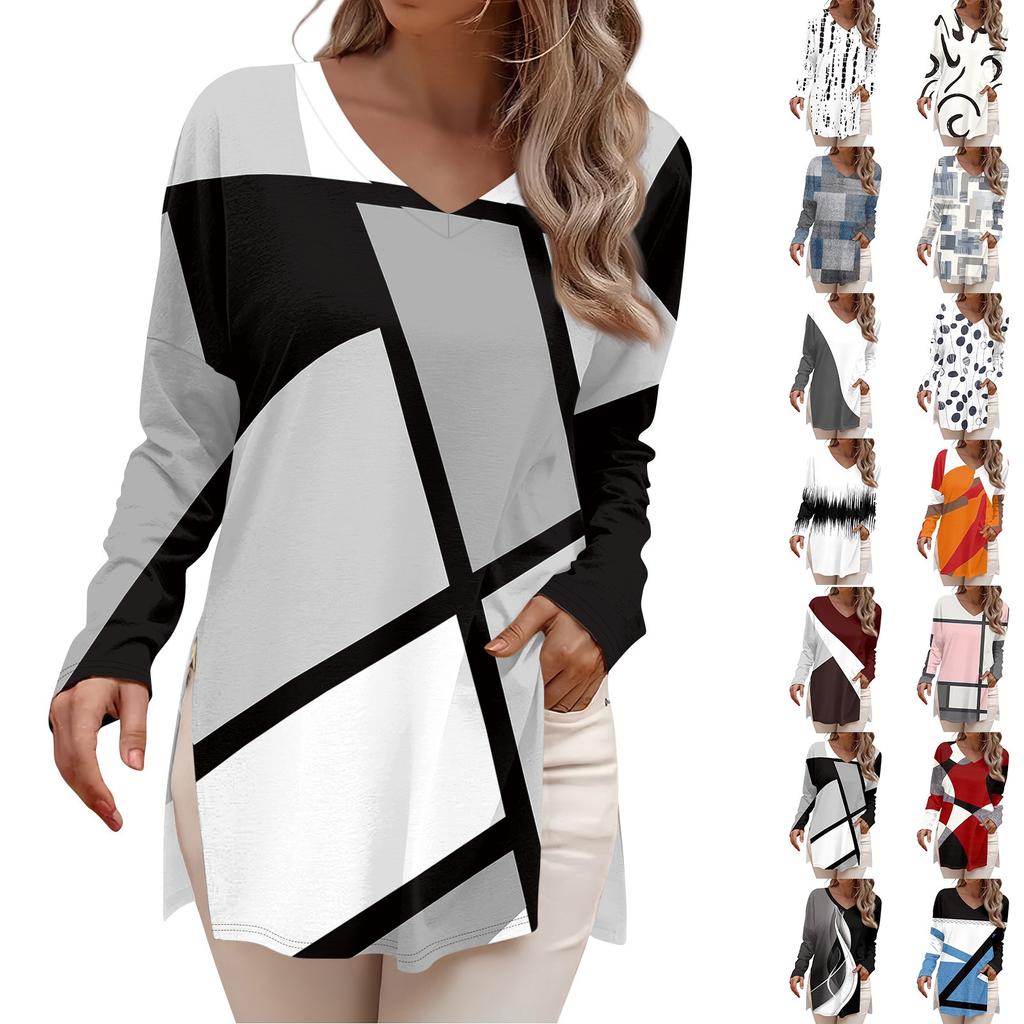 Women's Fashion Long Sleeve Shirts Print Loose Fitted V-Neck Basic Tops Casual Outfits