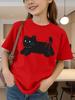 Lovely Lying Black Cat Red Bow Tee Boys Girls Parent Child Matching Cotton Short Sleeve Daily Casual Summer Children Basic Tops