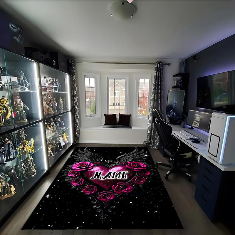 1PC Custom Name Heart Roses Name Theme Floor Mat Ideal for Living Room, Game Rooms, Office, Bedroom,Floor Mat Playful Design