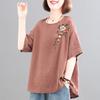 Женская ретро футболка в корейском стиле большого размера с вышивкой из хлопка и льна