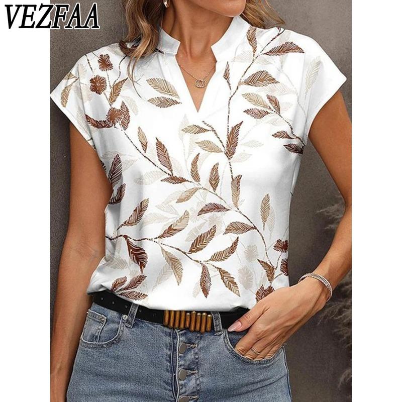 VEZFAA Женская мода повседневная летняя весна листья принт короткий рукав V-образный вырез блузки и рубашки