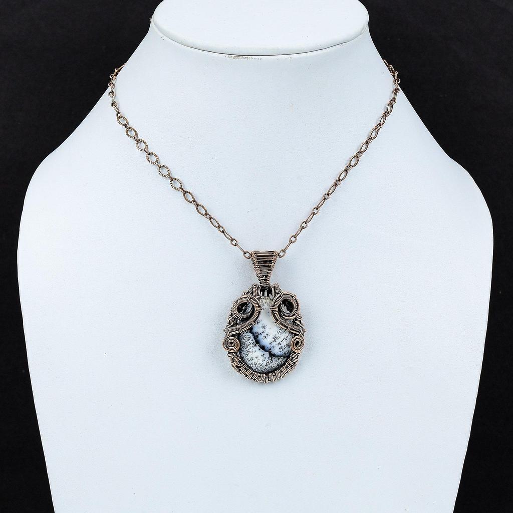 Кулон с дендритом и опалом, медная проволока, кулон с драгоценным камнем, ювелирные изделия ручной работы с дендритом и опалом, женский кулон, подарок на годовщину, ювелирные изделия из медной проволоки