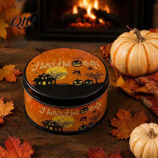 Holiday Souvenir Packaging Halloween Round Tin Box, Candy Cookie Storage Container with Pumpkin Witch Metal for Treats Print, Spooky Party Favor Gift