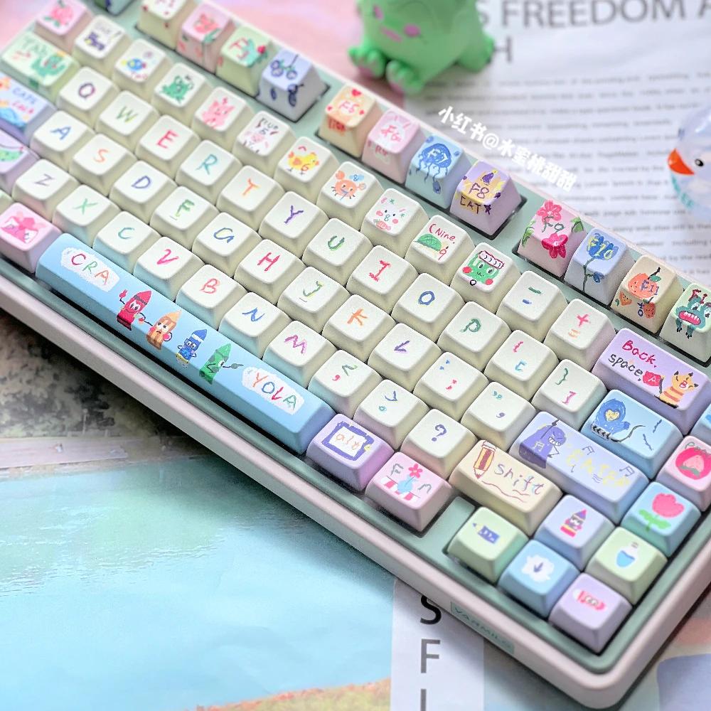 Детские кейкапы Mda Pbt143 Клавиши Ручная роспись Индивидуальные Diy Hi75 Мультяшные Diy Розовые Белые Кейкапы