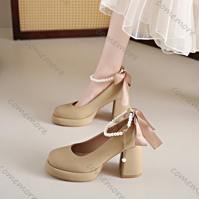 Comemore High Heels Women Mary Jane Shoes Spring Autumn Ladies Elegant Party Female Pumps Ankle Pearl Buckle Dress Women's Shoes