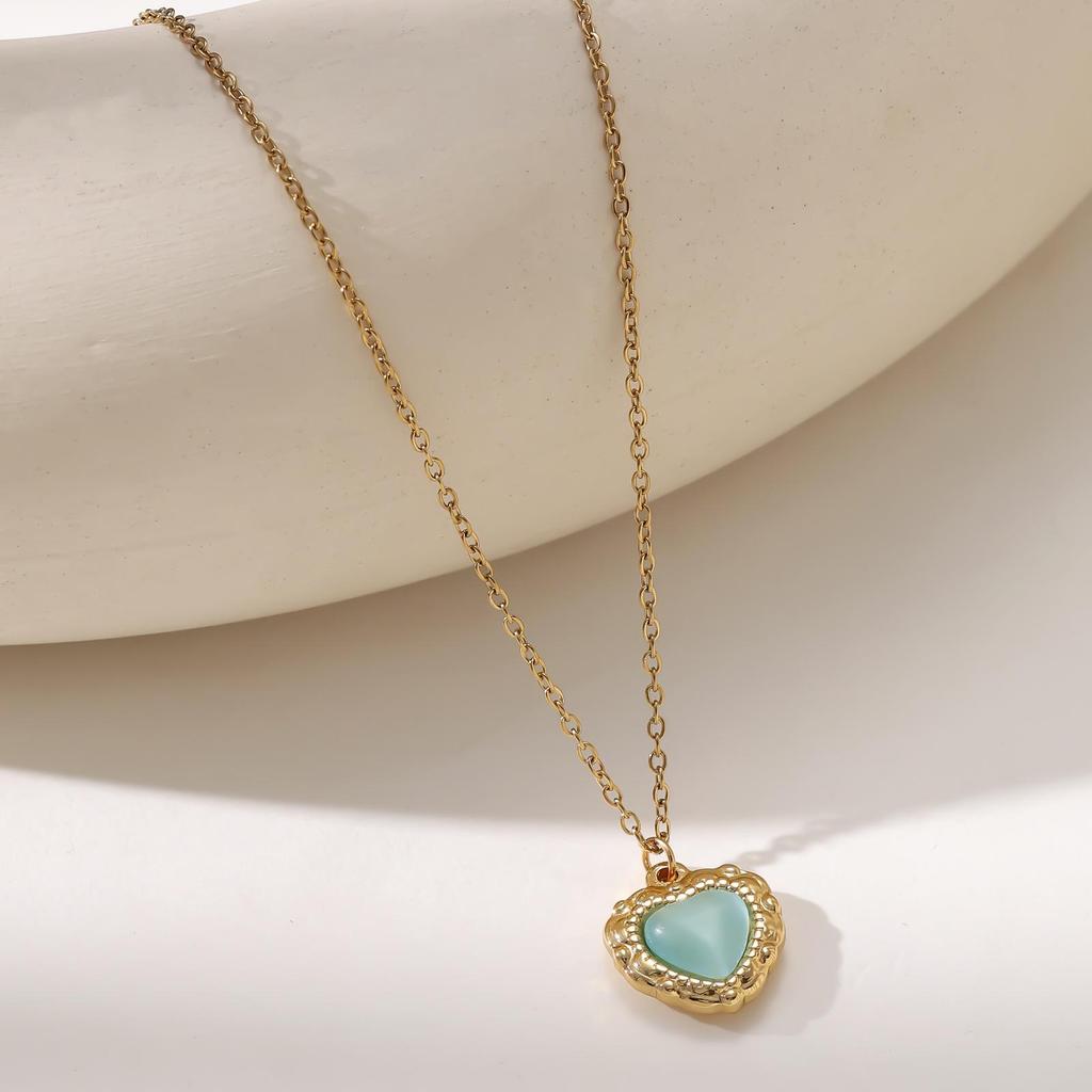 Золотое 18K кошачье око Сердце Ожерелье - Женское Нержавеющая сталь Сердце Подвеска Ключица Цепь