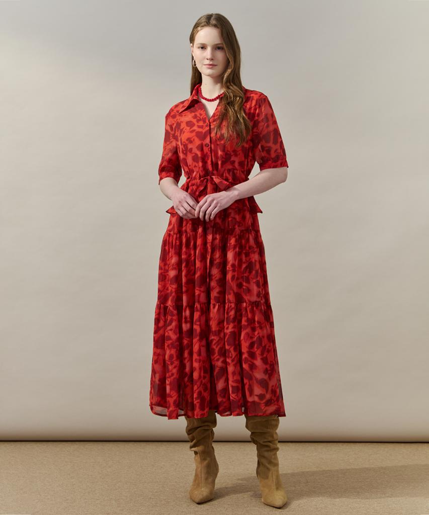 Maja Red Floral Belted Tiered Shirt Dress