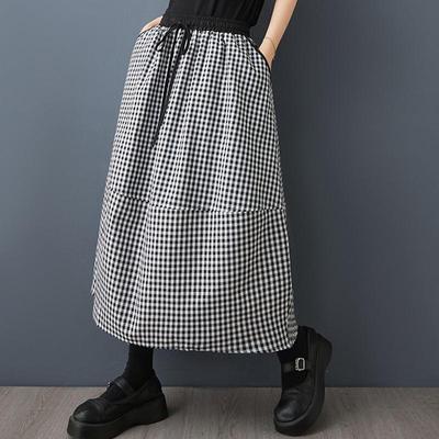 Хлопок лен больших размеров высокая талия винтажная клетка летняя повседневная свободная длинная для женщины юбки женская юбка