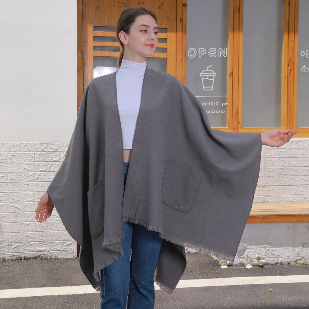 130*150cm Shawl Wraps for Women with Pockets, Elegant Cashmere Feeling Wraps, Open Front Pashmina with Tassel Scarf Blanket for Spring Fall Winter