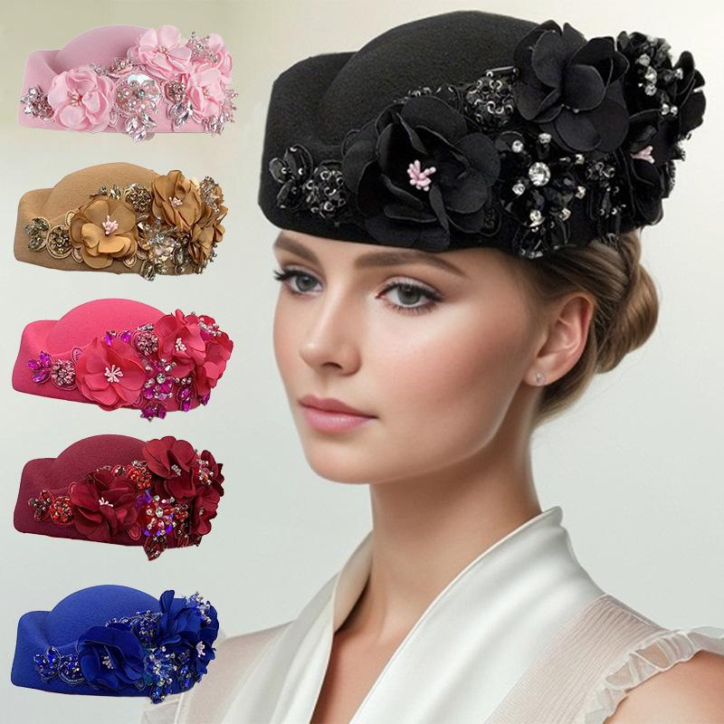 1PC Turban Hat Church Stewardess Hat Party Beanie Cap With Flower Beret Caps Vintage Felt Soft Airline Women