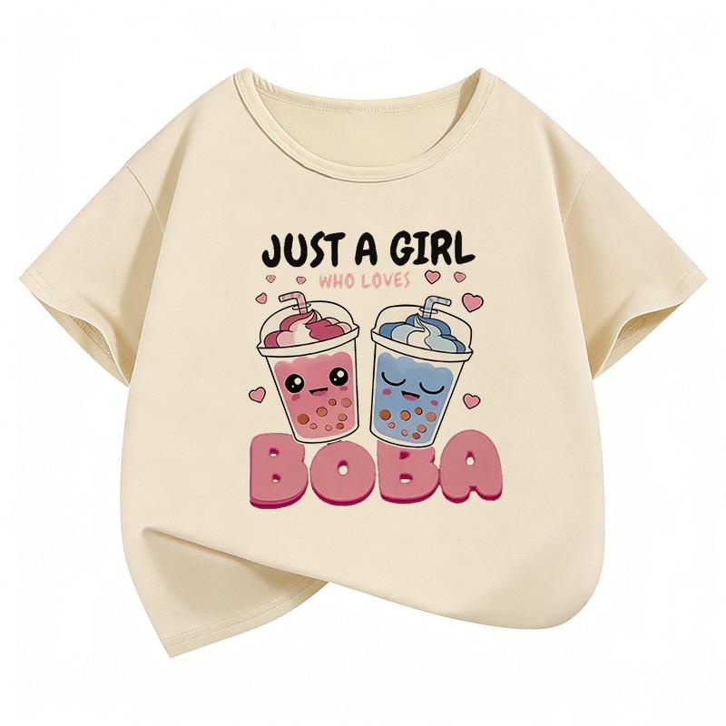 Just A Girl Who Love Boba Printed Graphic Kids Tshirts Summer Short Sleeve Tees Girls Clothes Kawaii Tops Y2K Children Tshirt