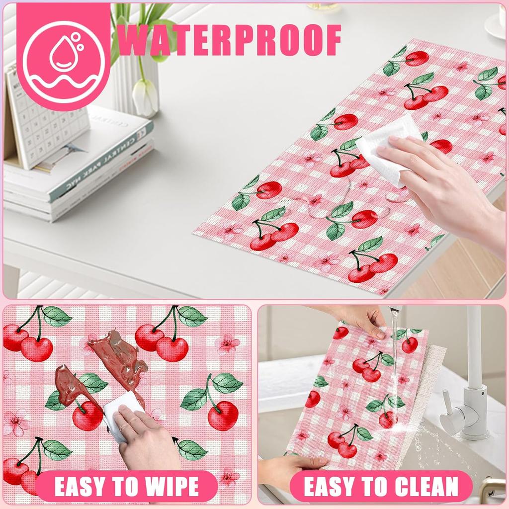 Pink Cherry Spring Flower Placemats Set of 6,12x18 Inch Linen Place Mat Washable Stain Resistant Table Mats