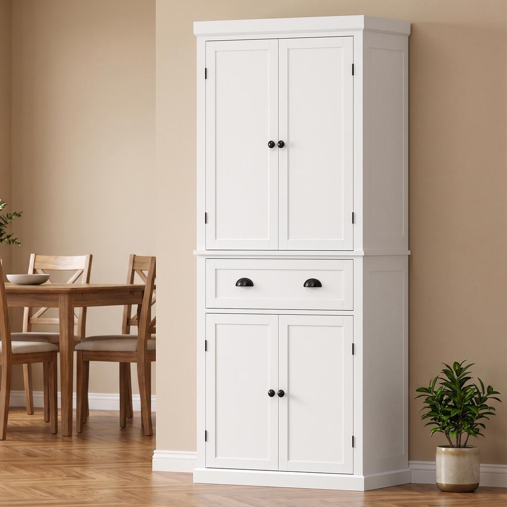 Tall Kitchen Cupboard, 183 cm Freestanding Storage Cabinet with Drawer, 4 Doors and Adjustable Shelves, White
