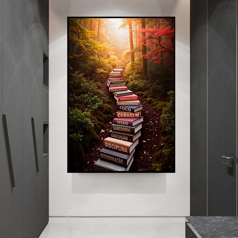 Magic Book Staircase Canvas Painting Autumn Forest Posters and Prints Wall Art for Living Room Office Decor No Frame