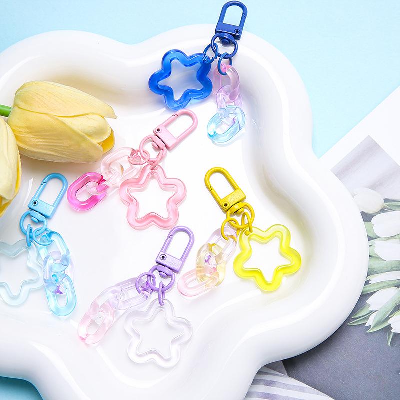Metal Open Ring Keyrings Colorful Resin Five-Pointed Star Bell Pendant Keychain For Women Girl Car Hanging Trinket Key Holder