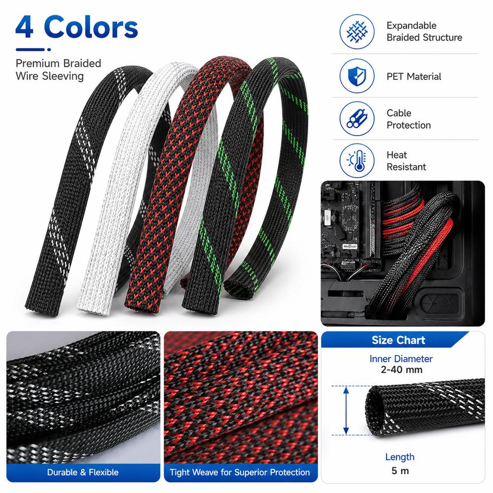 Flame Retardant Braided Cable Sleeve Insulated Cable Sleeving Electronic Wire Organization