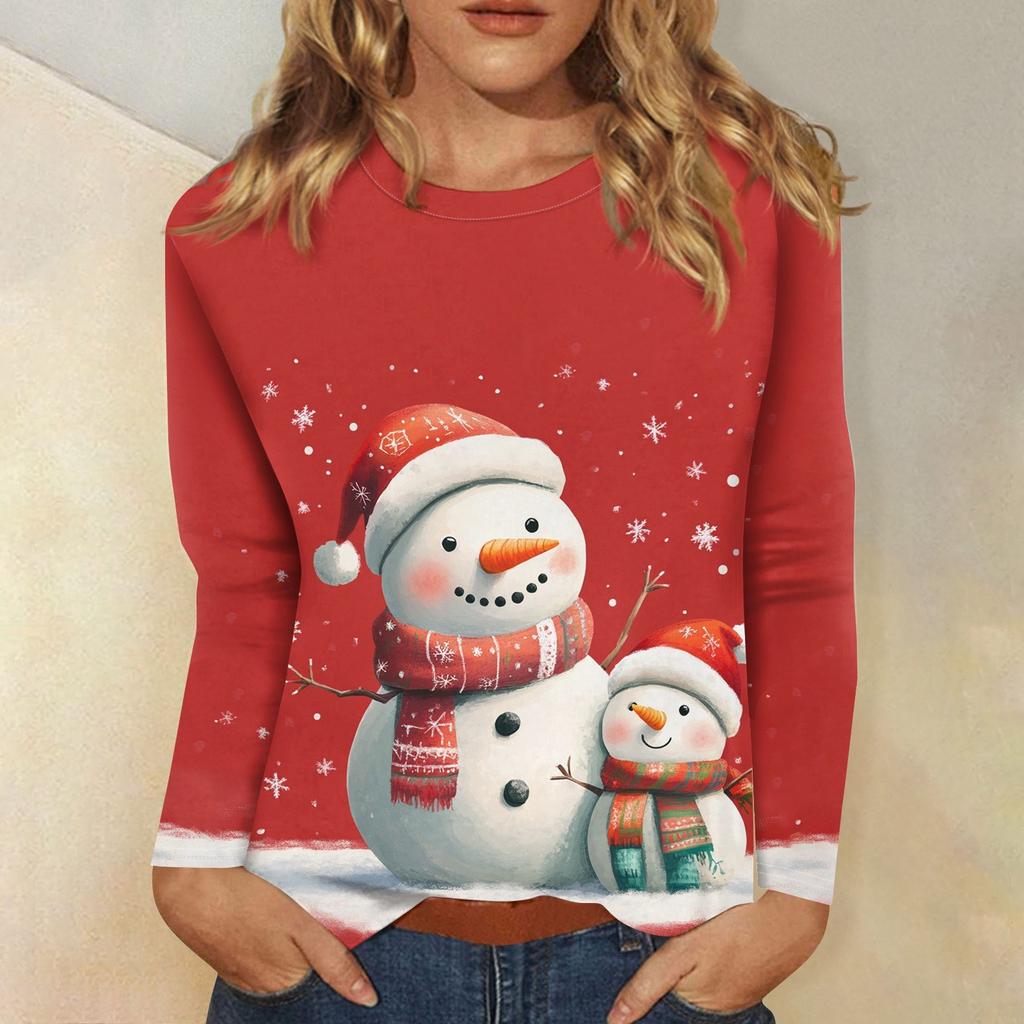 Рубашки с длинным рукавом для женщин Милые принты Футболки Блузки Повседневные Большие размеры Базовые топы Пуловеры Рождественские