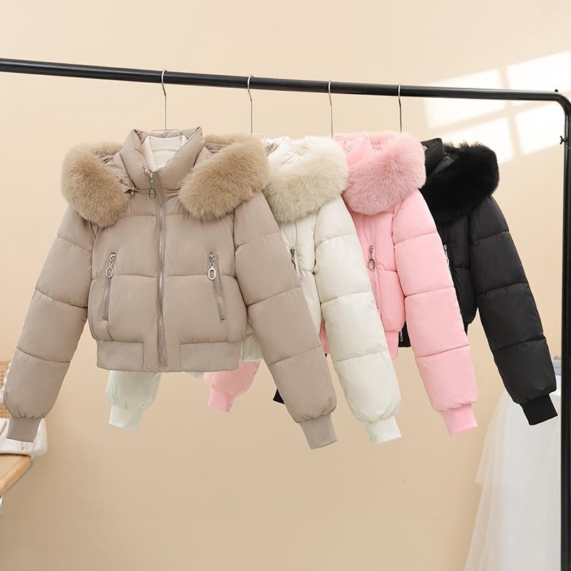 Autumn and winter high waist short hooded big fur collar cotton clothes women's thickened bread cotton clothes small women's clothing one piece batch